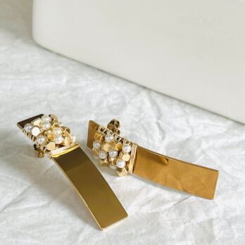 Gold Geometric Earring with Pearl & Hematite Bead Details -Ishira